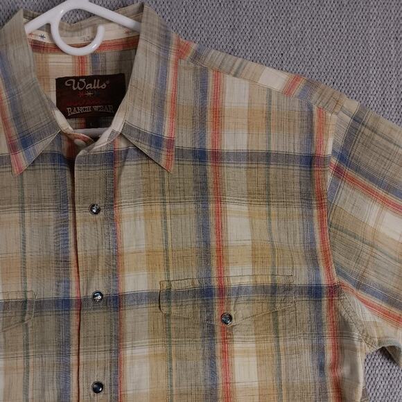 Vtg Walls Ranch Wear Western Shirt L Tan/Orange Plaid Pearl Snap Short Sleeve - Picture 5 of 15